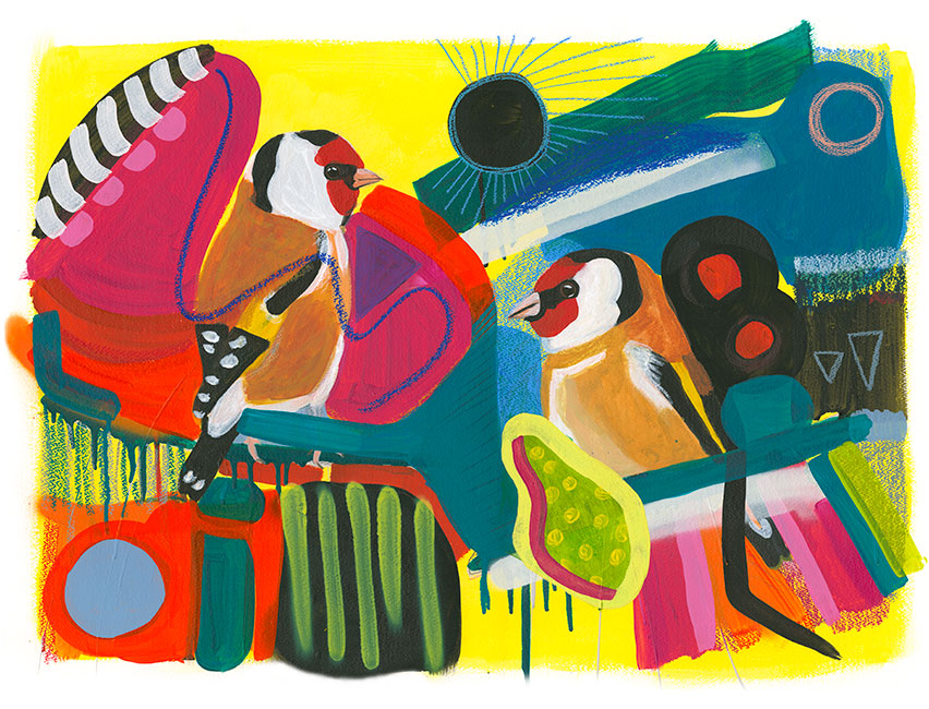 Brightly coloured painting illustration of goldfinches
