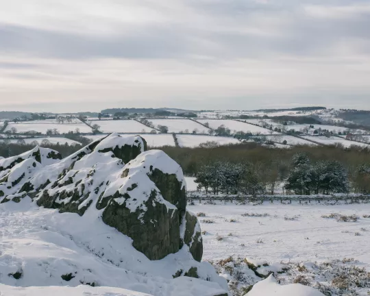 Looking across the peak of Beacon Hill to fields beyond. Everything is covered in snow.