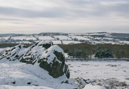 Looking across the peak of Beacon Hill to fields beyond. Everything is covered in snow.